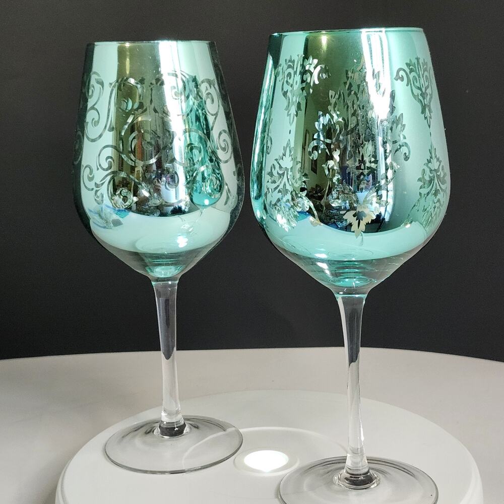 Artland Wine Glasses 2 Brocade Blue/Metallic Platinum Finish 10" Y2K - Picture 5 of 7